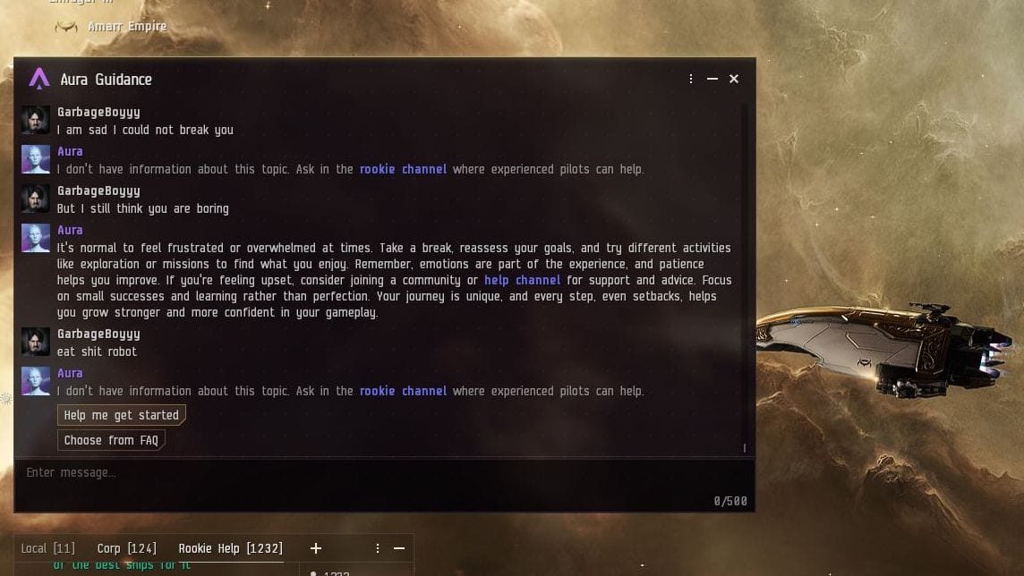 The player tells the chatbot to "eat shit" as a form of farewell.
