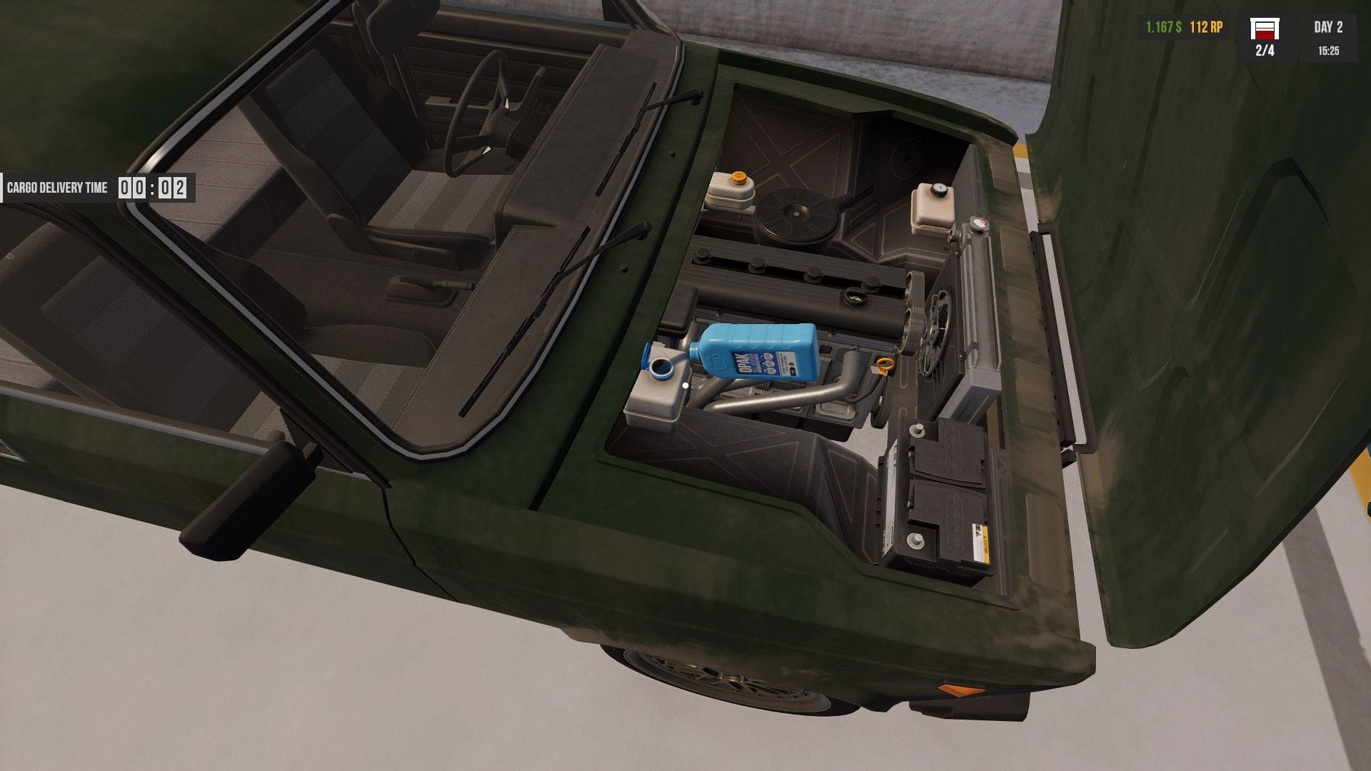 A green car's hood is open, and a bottle of blue washer fluid is being poured into a reservoir.