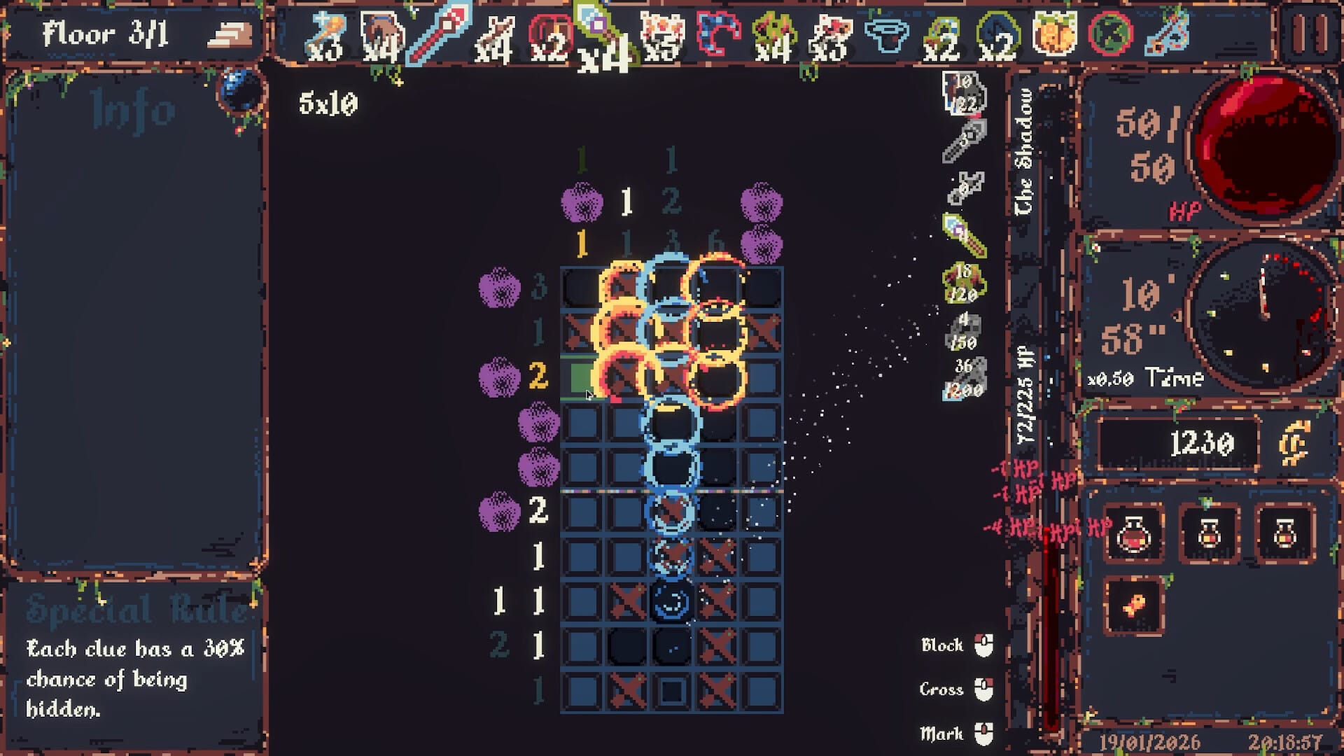 A nonogram puzzle explodes, surrounded by stats and magic items.