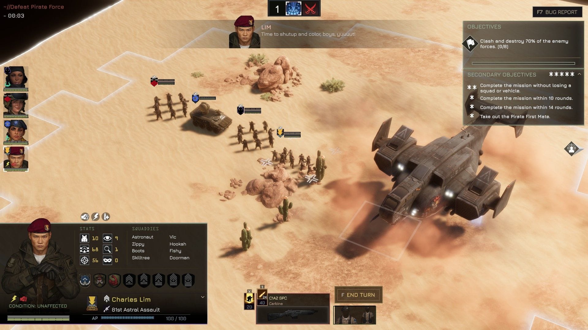 A dropship hovers over a desert planet as many troops stand watching it fly away.