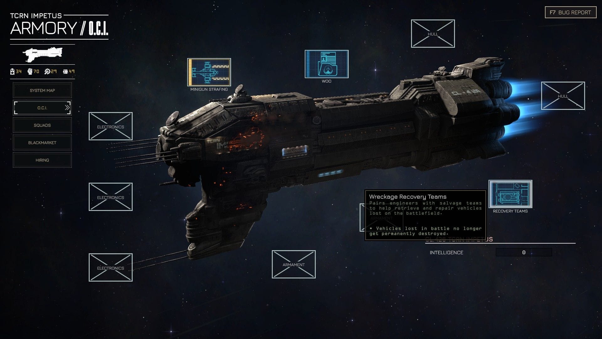 A spaceship flies through the stars, with parts of it still on fire from an accident.