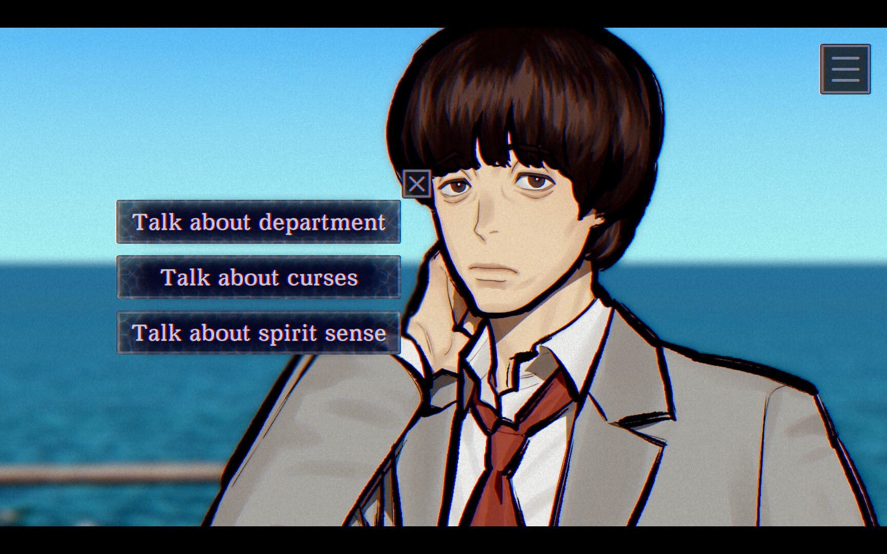 A man rubs his neck by the beach as he looks at you. You can talk to him about the department, curses, or about spirit sense.