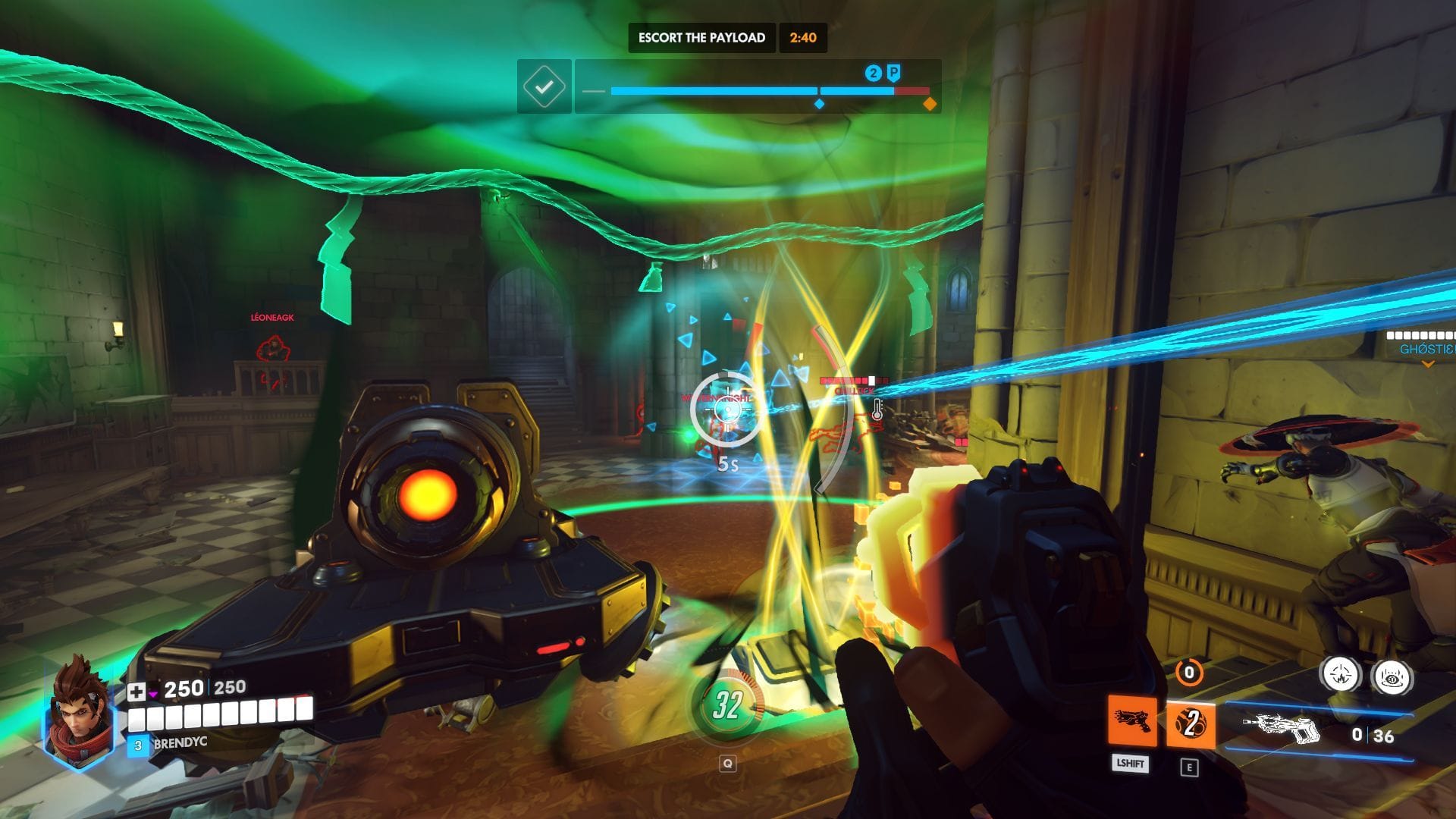 A green shield surrounds the player, healing and protecting them.