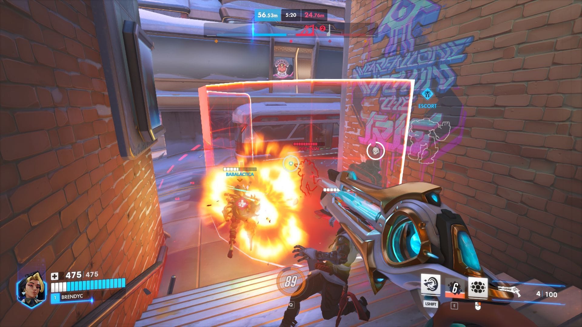 A player as Domina wields her magnum pistol as a team mate is exploded.