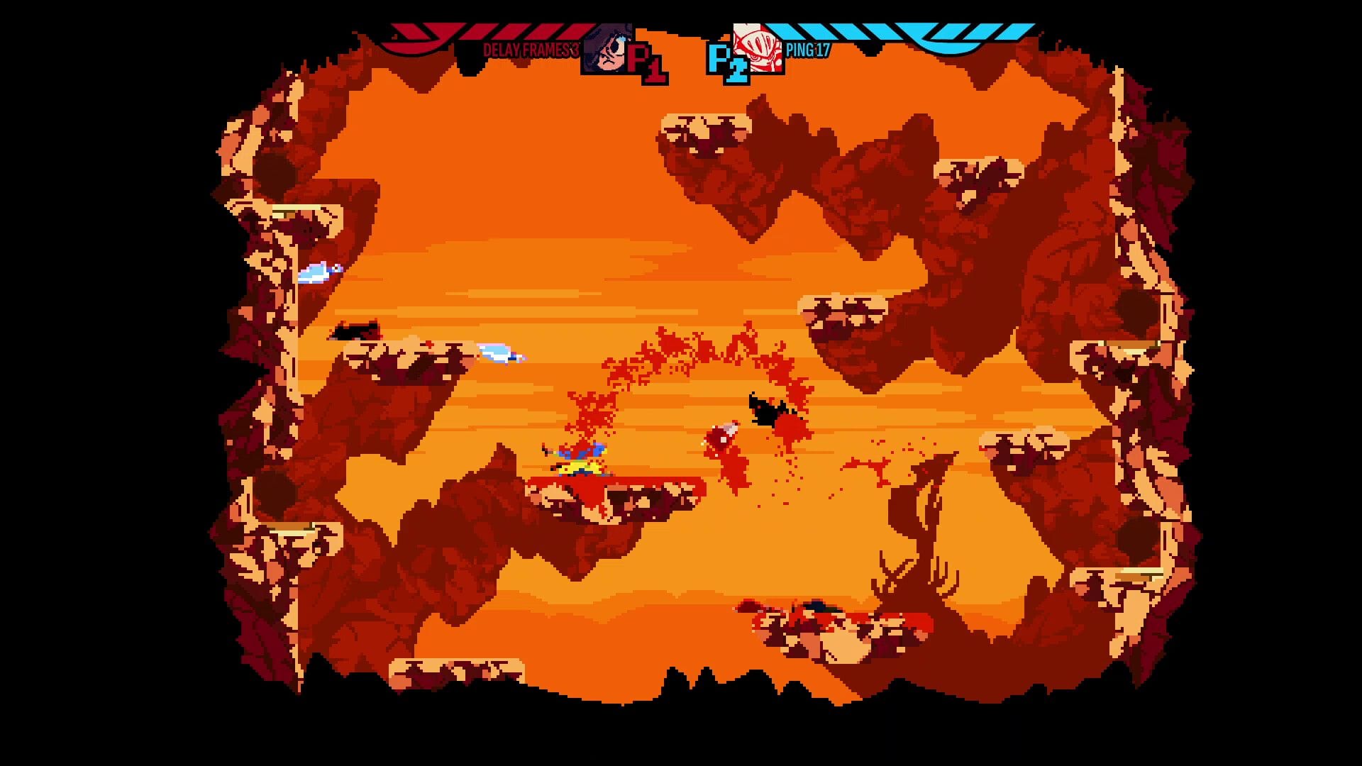A blue-skinned warrior slashes an opponent in half as blood arcs in a wide spray against a sunset.