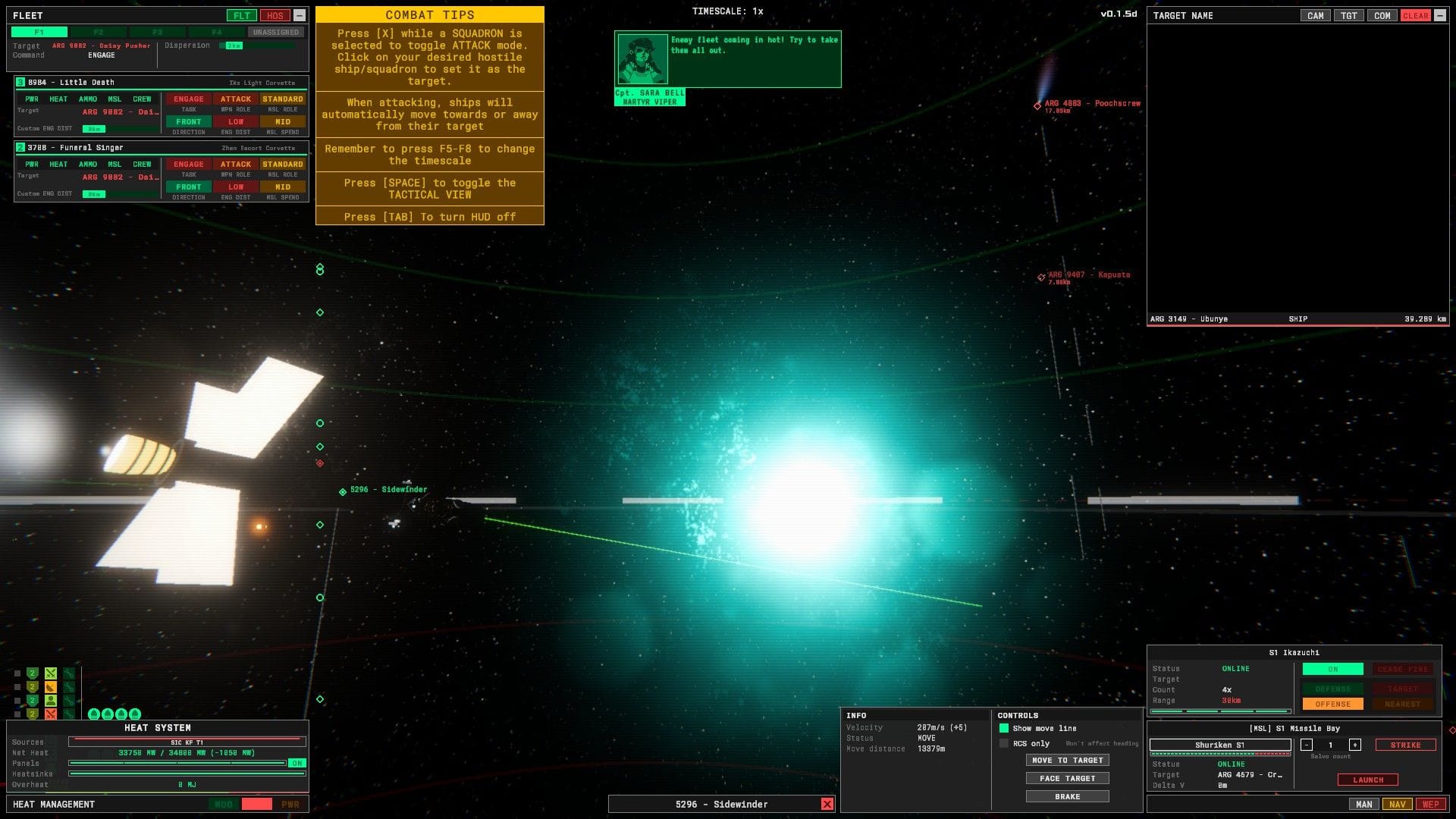 A spaceship fires into the distance, where a bloom of blue-white light expands.
