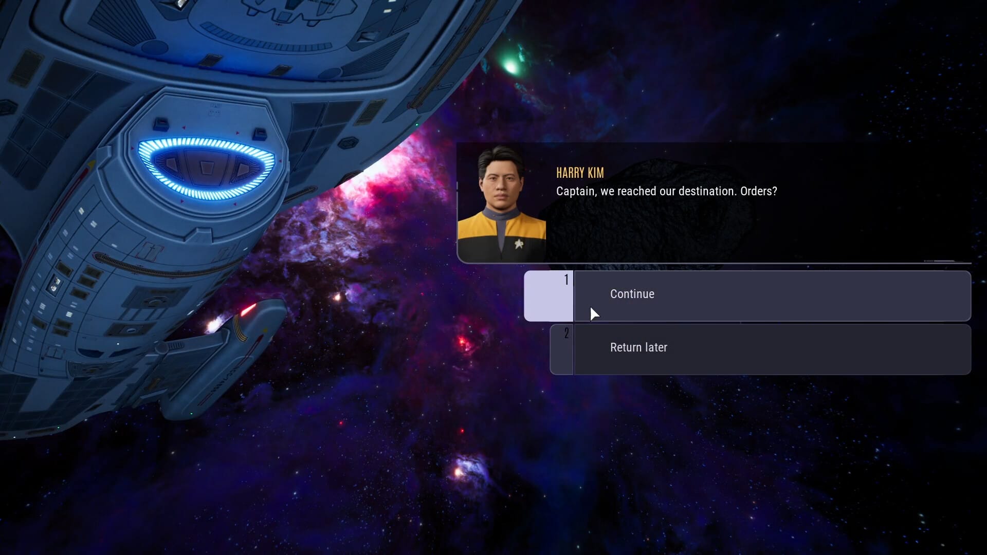 Harry Kim is asking for your orders, Captain, in a text prompt next to a picture of the USS Voyager. But look, it's not actually Harry Kim. Harry Kim was sucked into space and killed in season two and we replaced him with a different Harry from an alternate universe. Nobody talks about it but our Harry Kim is dead! Don't let Janeway cover up anymore dea--