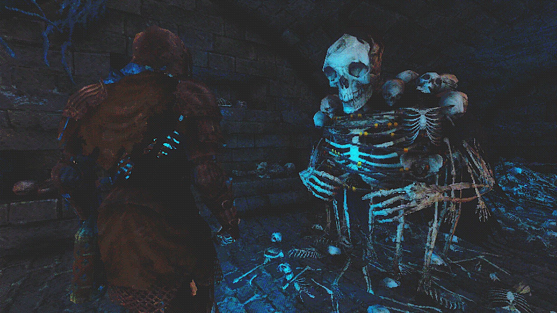An undead knight in ragged armour faces a skeletal being with many skulls on its shoulders.