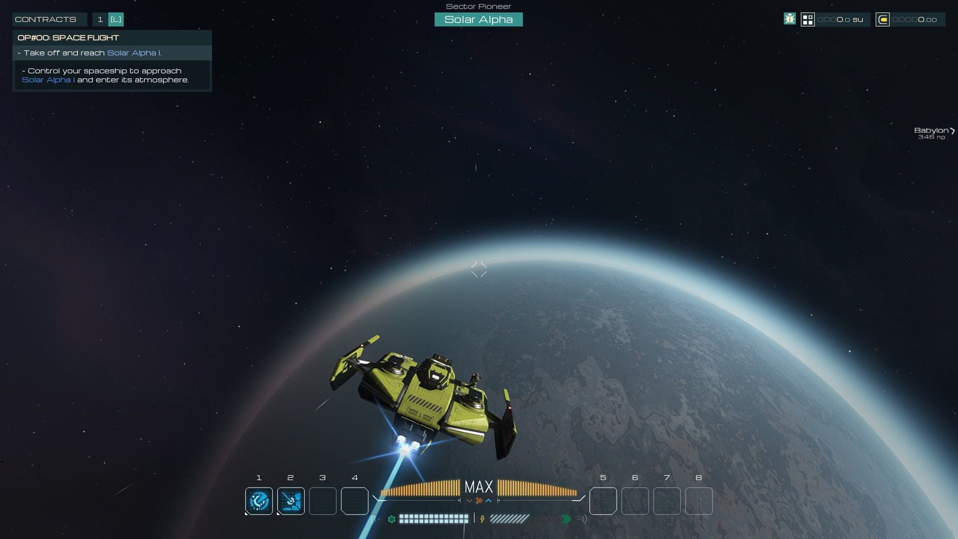 A yellow spaceship flies against the backdrop of space, with a grey planet glowing far below.