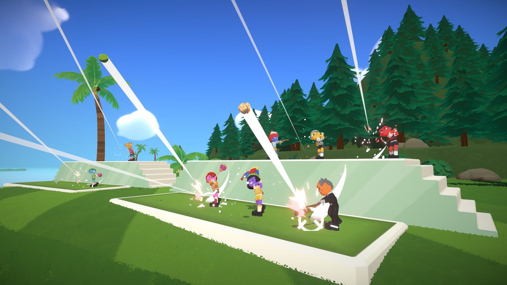 Six golfers all strike their golf balls simultaneously. Some of them might be rocks, not balls.