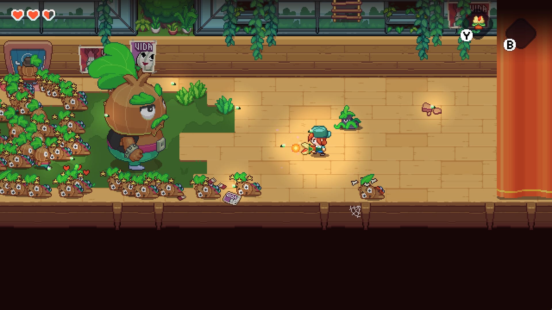 A character shoots a fireball from a plant at an enormous tree man surrounded by dazed tree children.