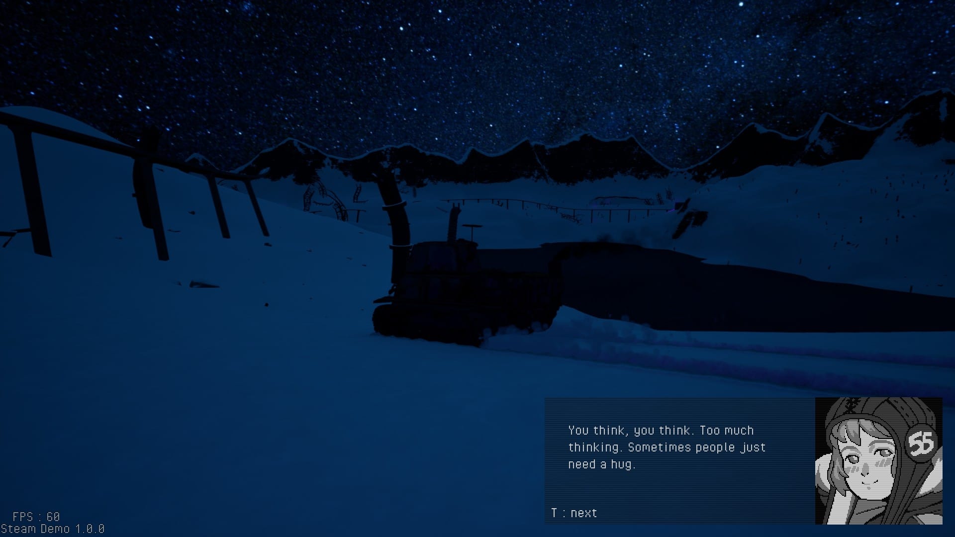 A starlit snowfield, with character dialogue in the corner extolling the virtues of hugs.
