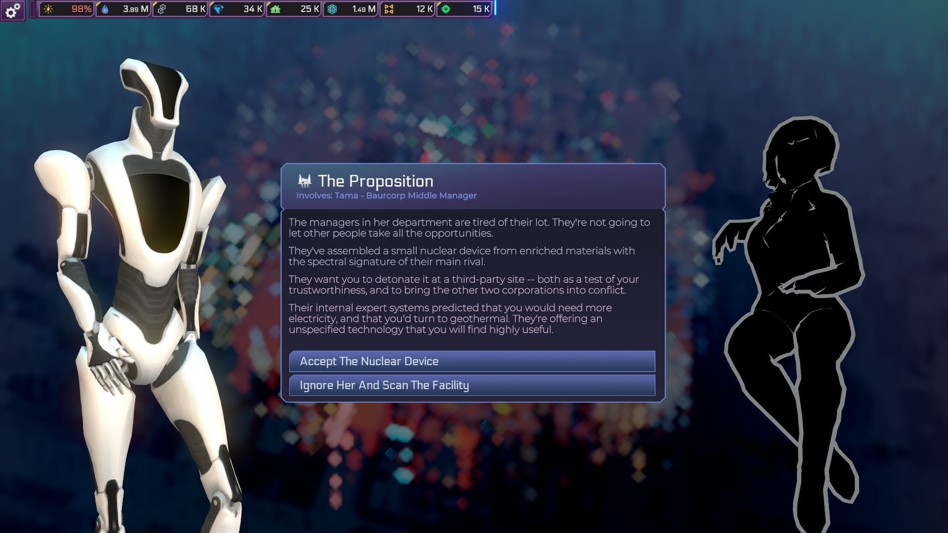 A monochrome, humanoid robot and a human silhoutte stand either side of a text box offering two player responses: "Accept the Nuclear Device", and "Ignore her and scan the facility". Less relevant is the event itself, detailing the human, a manager, offering the player a nuclear bomb and asking them to use it on a third party. 