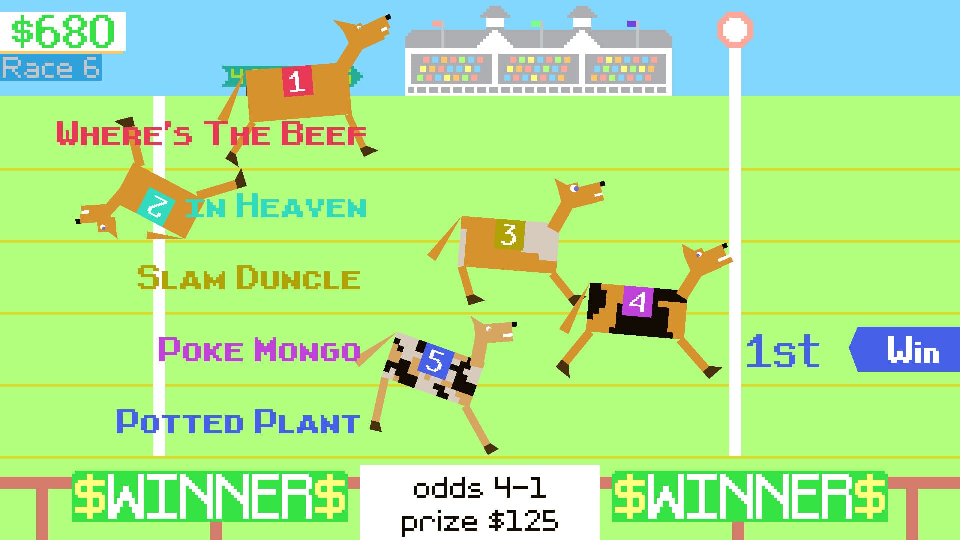 Horses race to a finish line. In Heaven has fallen over. Poke Mongo wins.