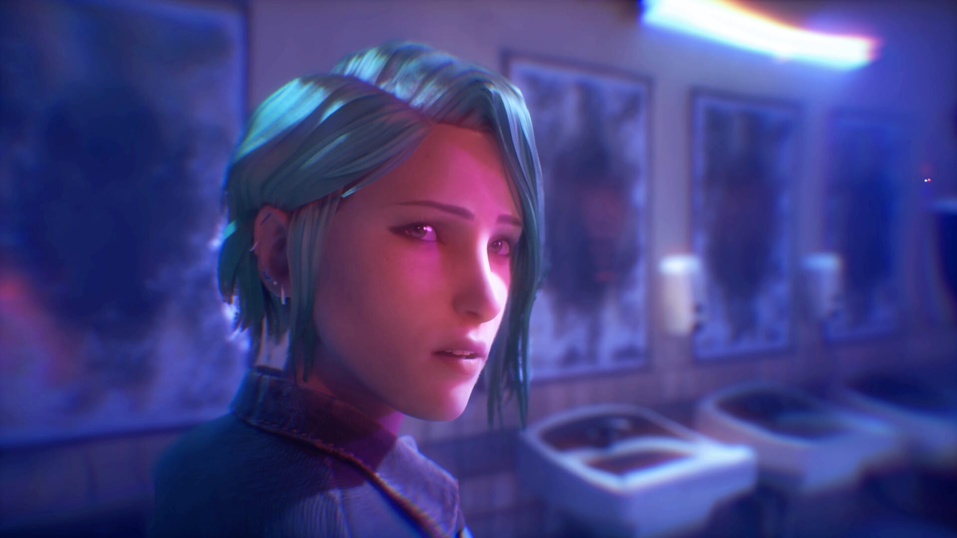 Chloe from Life Is Strange: Reunion looking concerned in a bathroom.