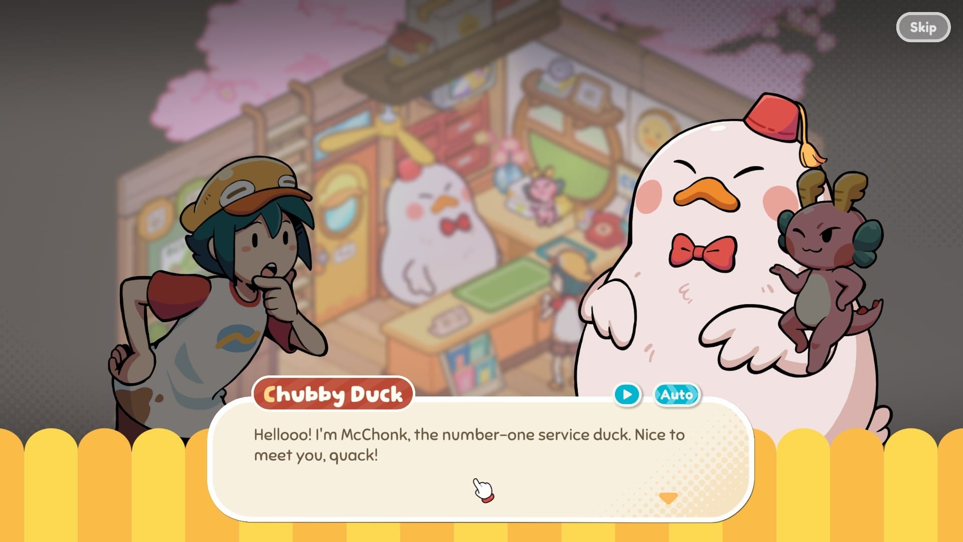 "Chubby Duck" introduces himself to Ducky as "McChonk, the number-one service duck." McChonk is large, white, bipedal and wears a fez.