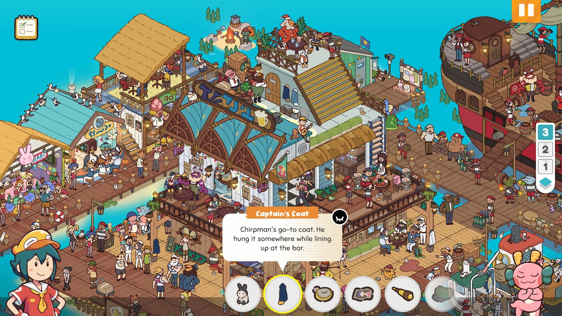 A crowded pier dense with shops, a bar, a ship, and dozens of people, rendered in a colourful orthographic style.