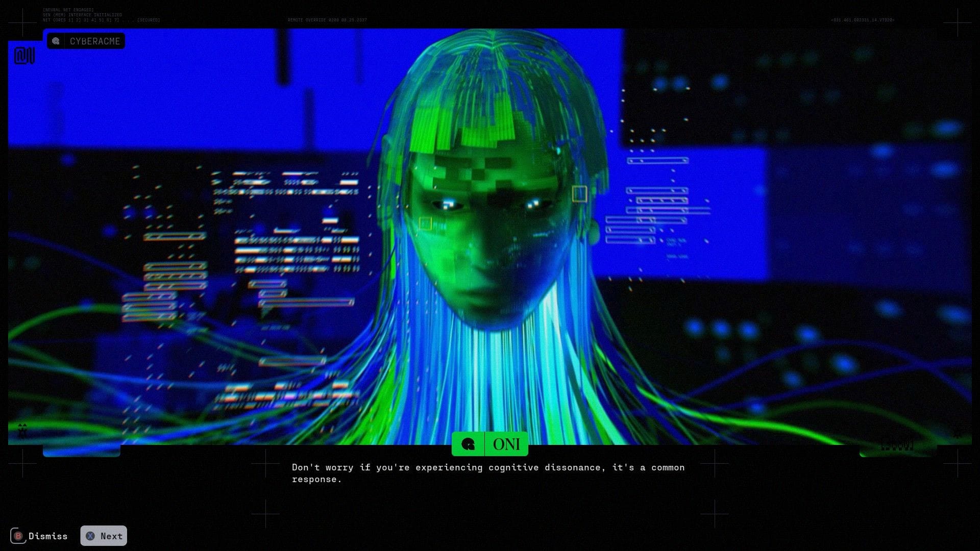 The blue and green head og ONI gives the player advice.