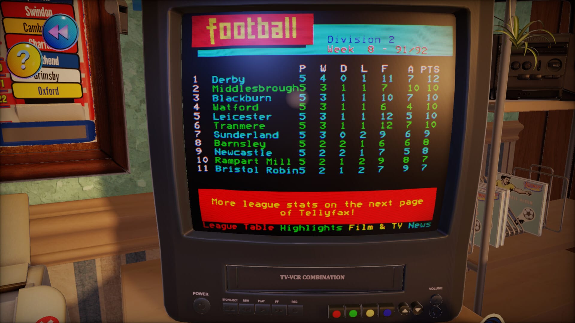 A TV/VCR combo displaying the league table on teletext. Derby have 12 points.