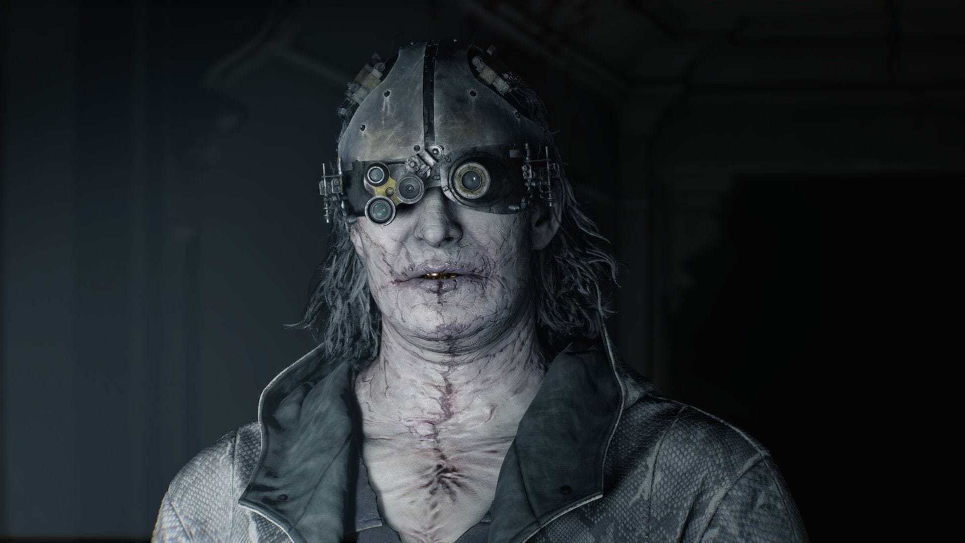 Victor the antagonist looks at the camera wearing his ocular headgear.