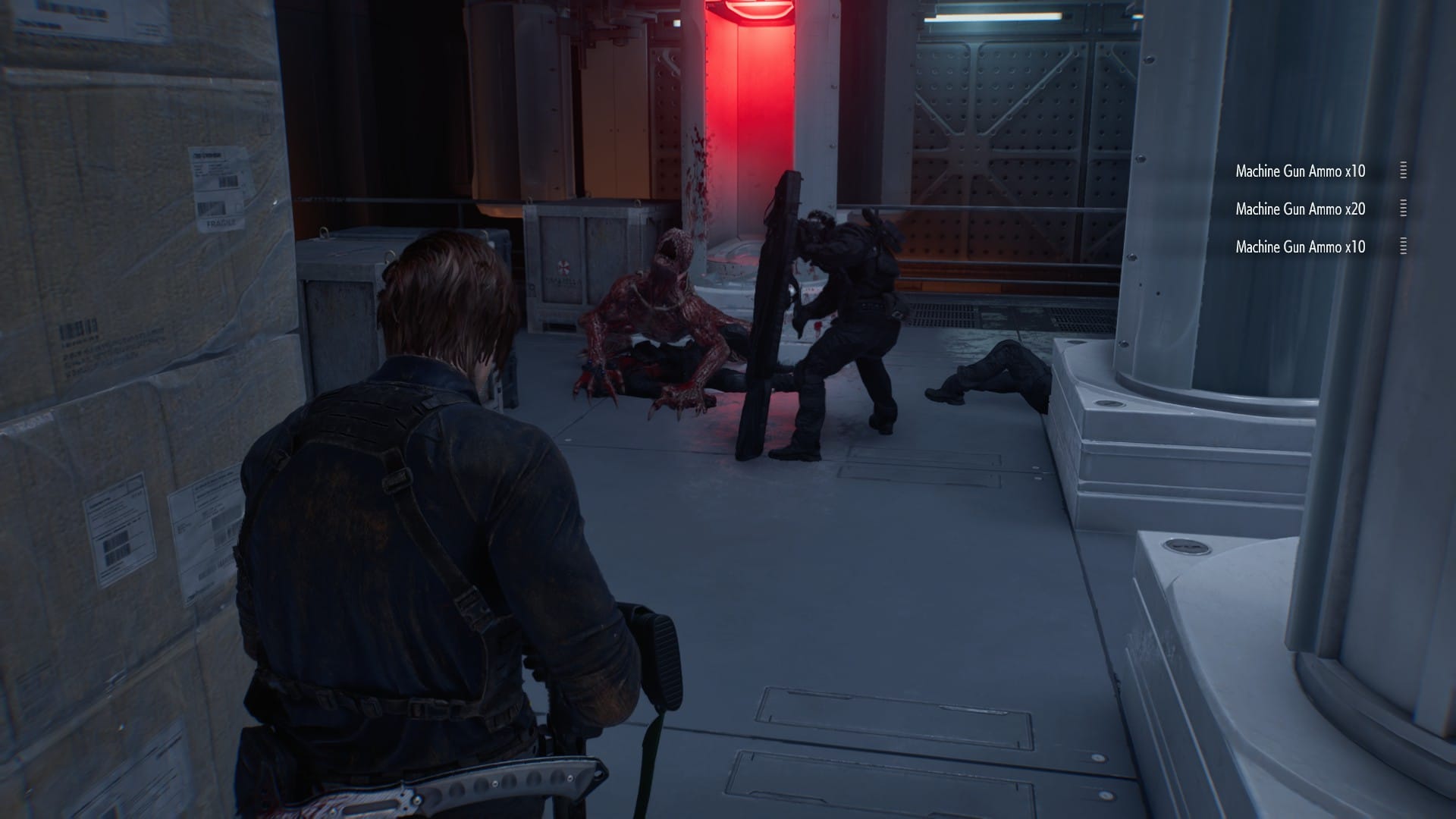 Leon watches as a Licker and a shielded soldier fight.