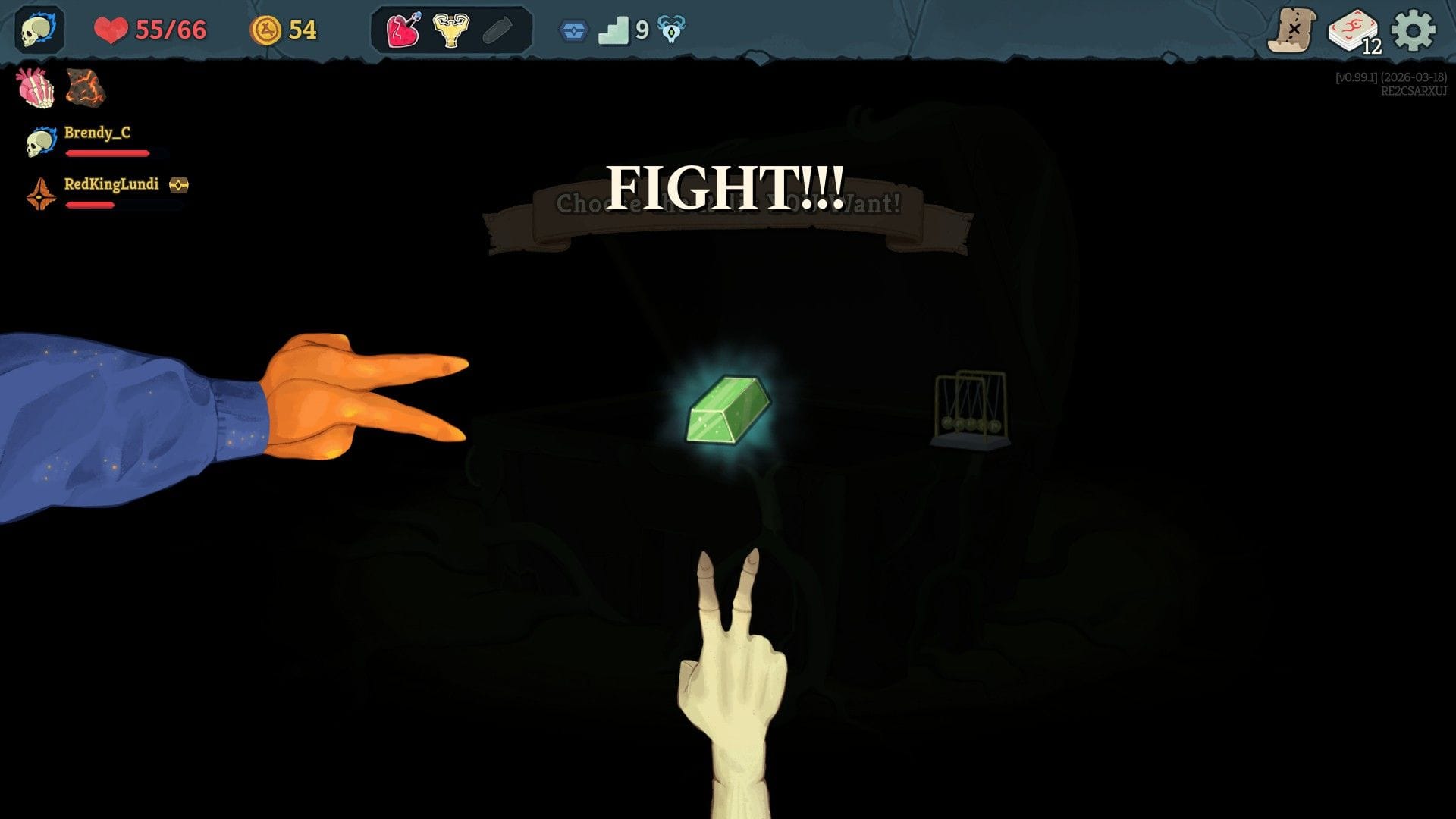 Two cartoon hands make a scissors gesture, drawing in a game of rock, paper, scissors.