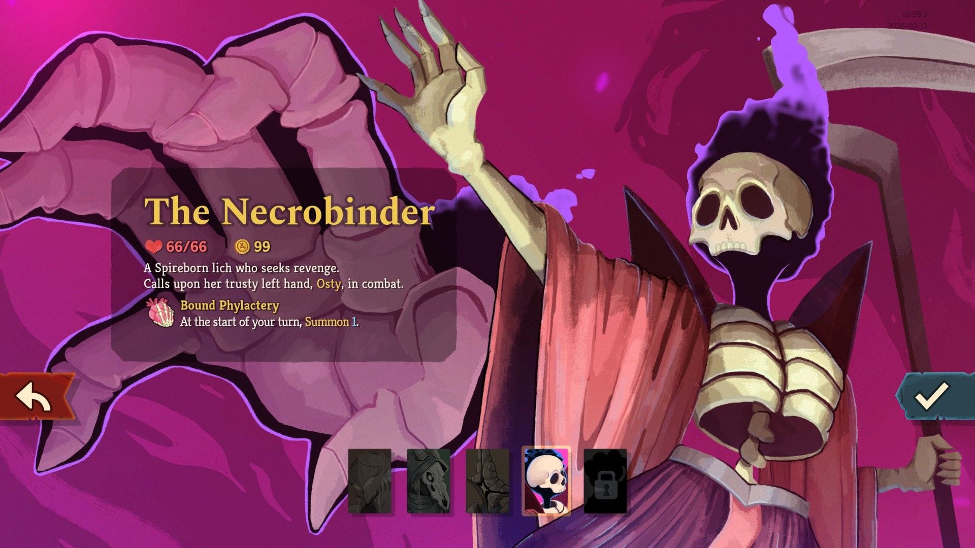 The hero select screen shows the Necrobinder, a robed skeleton with a scythe.