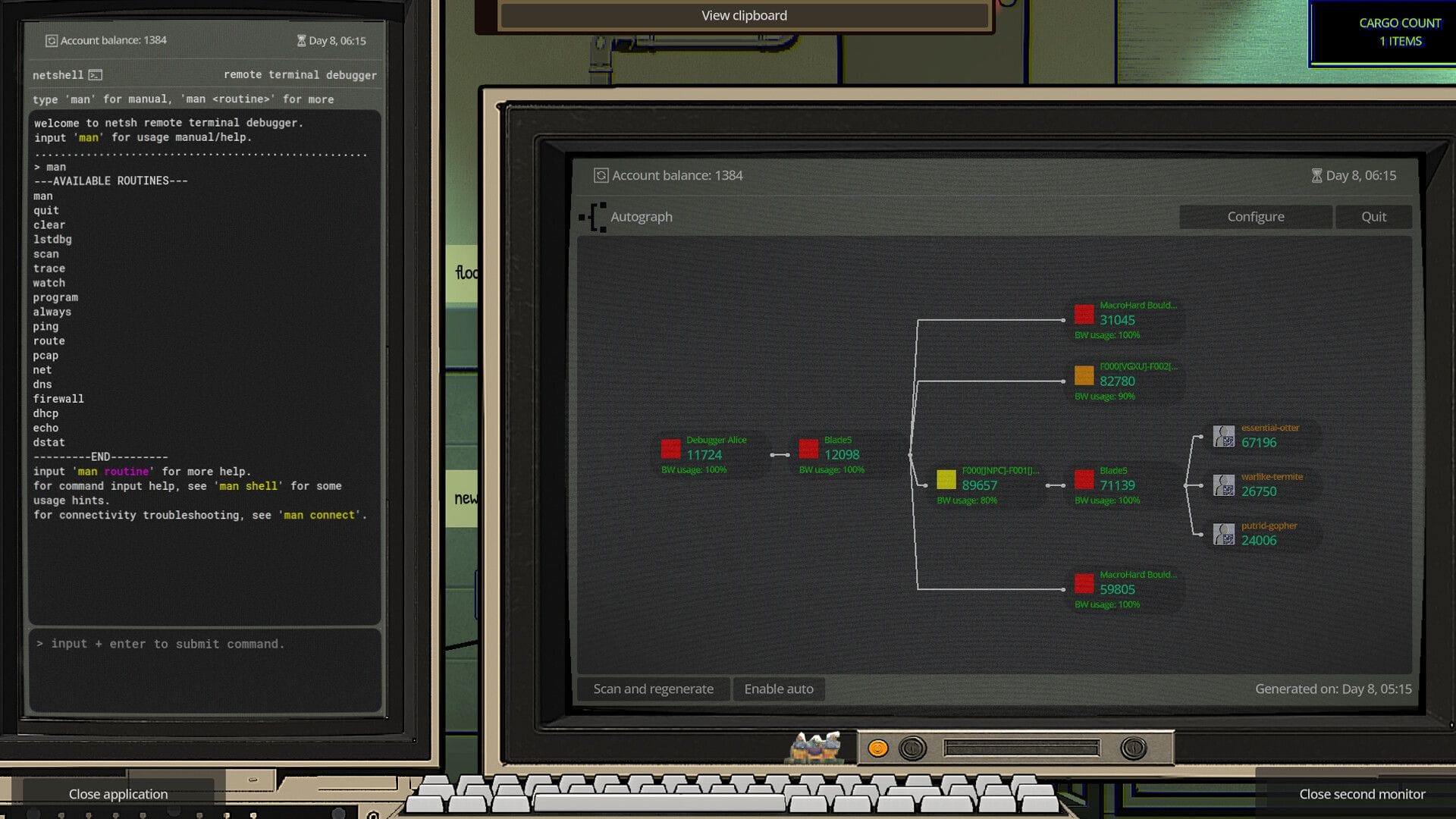 A monitor shows a network map and a side screen shows some commands the user can input, like "echo" and "pcap".