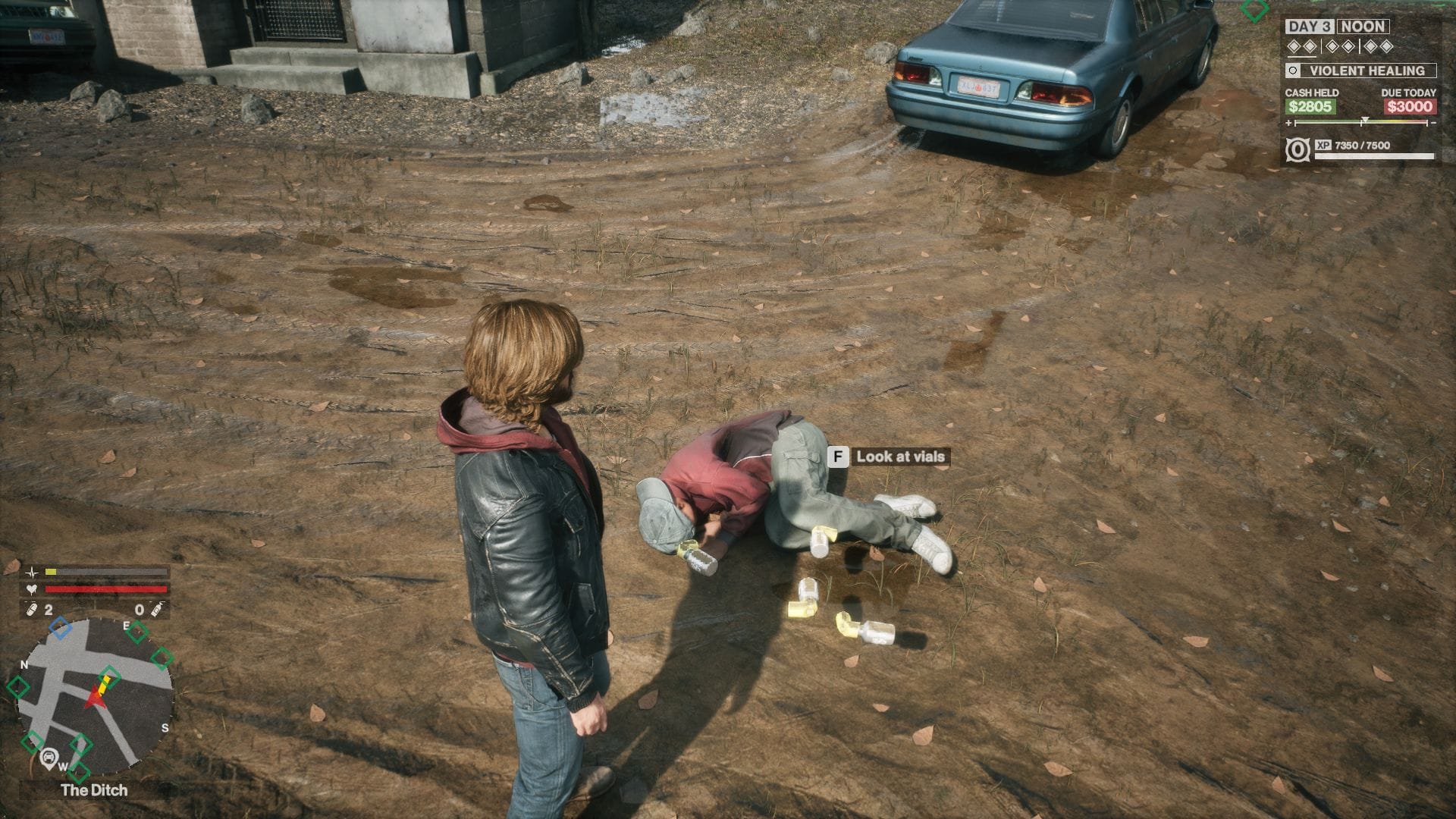 The player looking at a junkie huddled on the ground, with vials scattered around and over him.