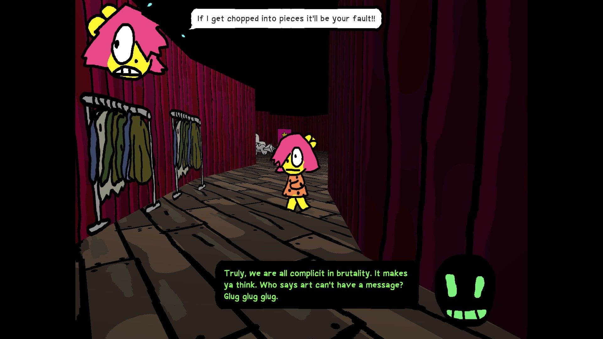 BB converses with a voice from the audience as she moves through corridors made of curtain.