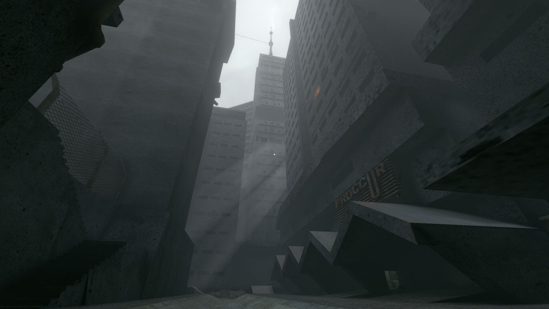 A gloomy brutalist city is viewed from the grey streets below.