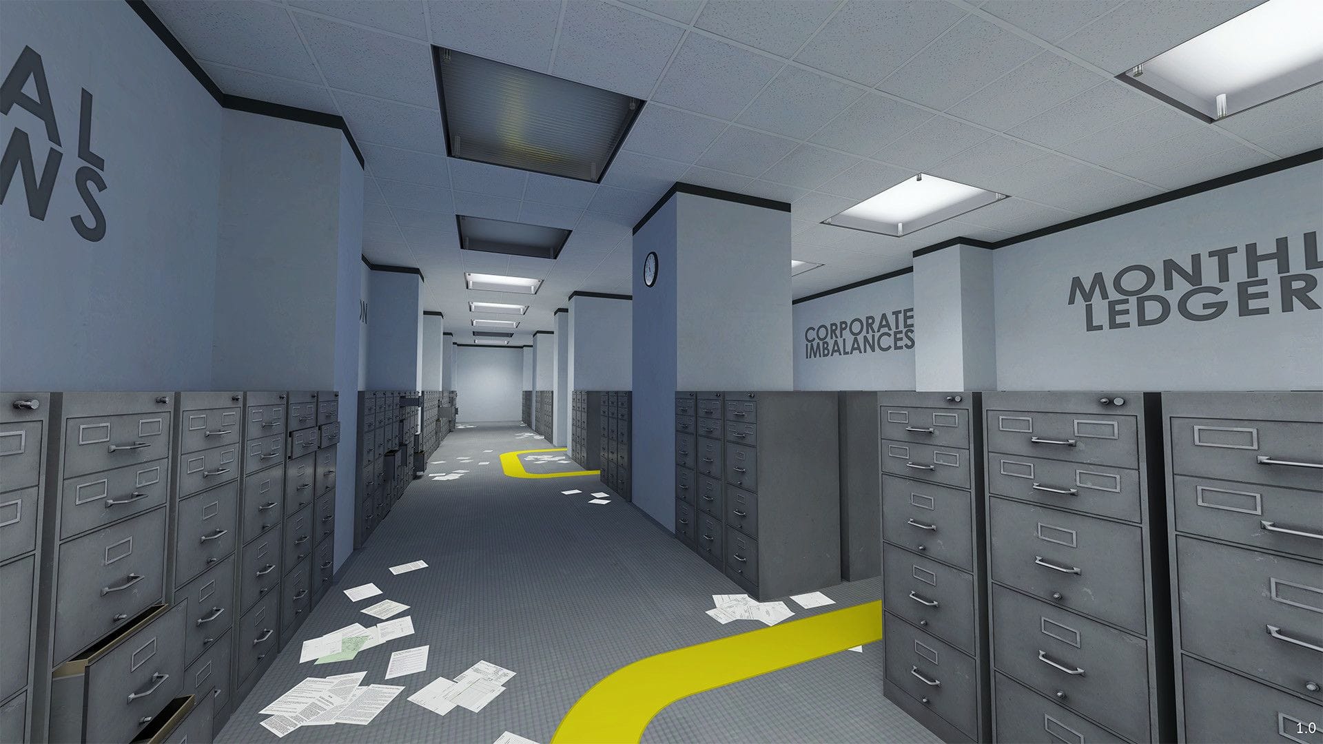 A grey corridor filled with filing cabinets, strewn with paper.