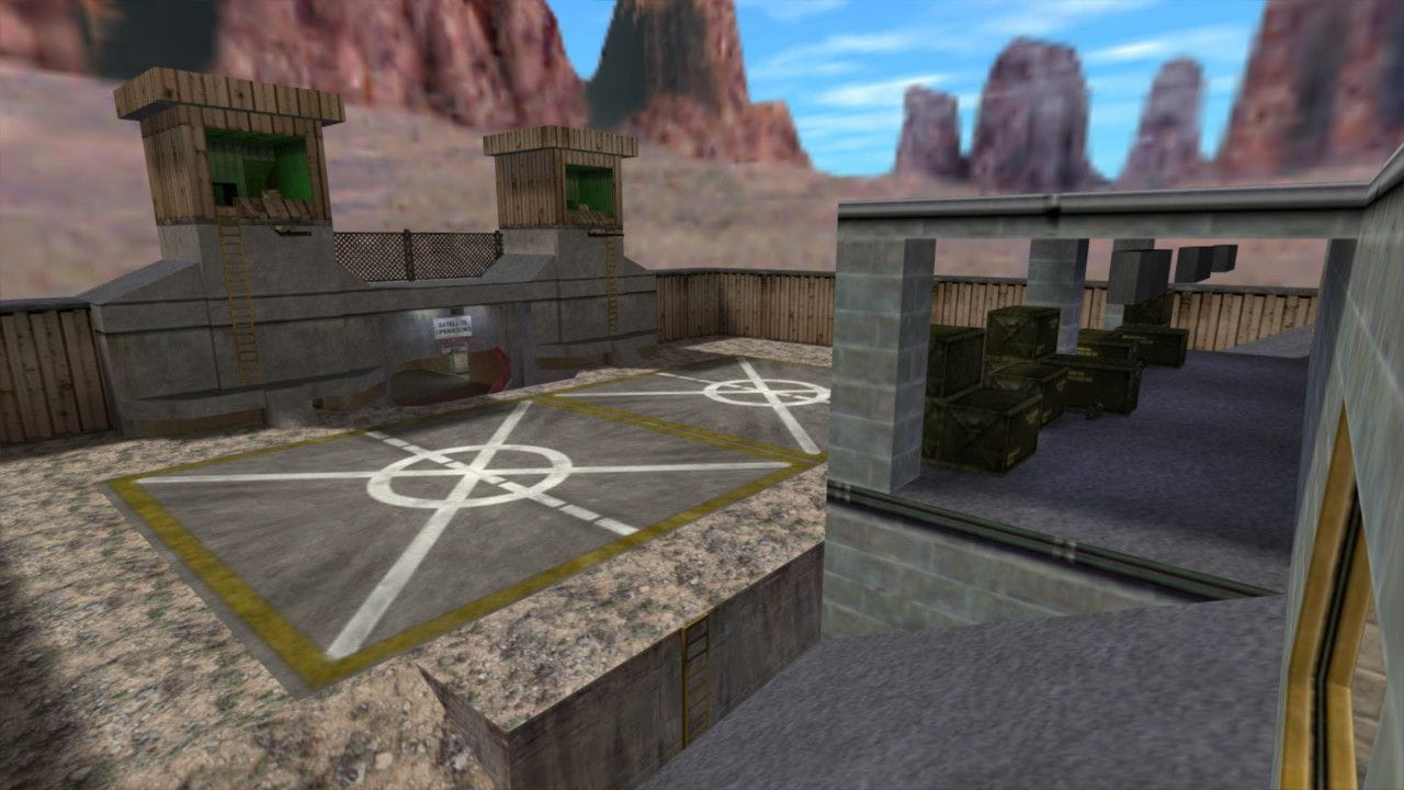 A blocky courtyard with a helipad in Half-Life.