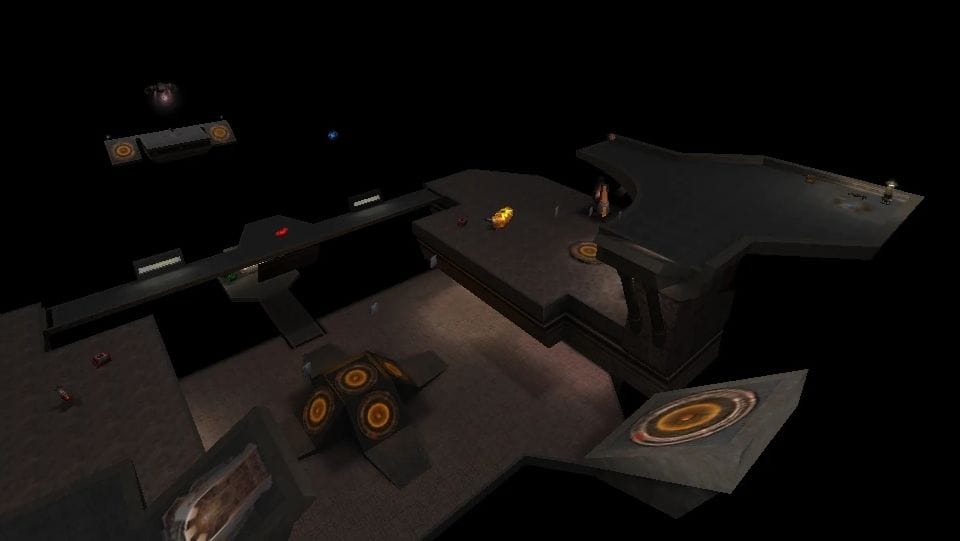 Many blocky platforms hang in a black void.