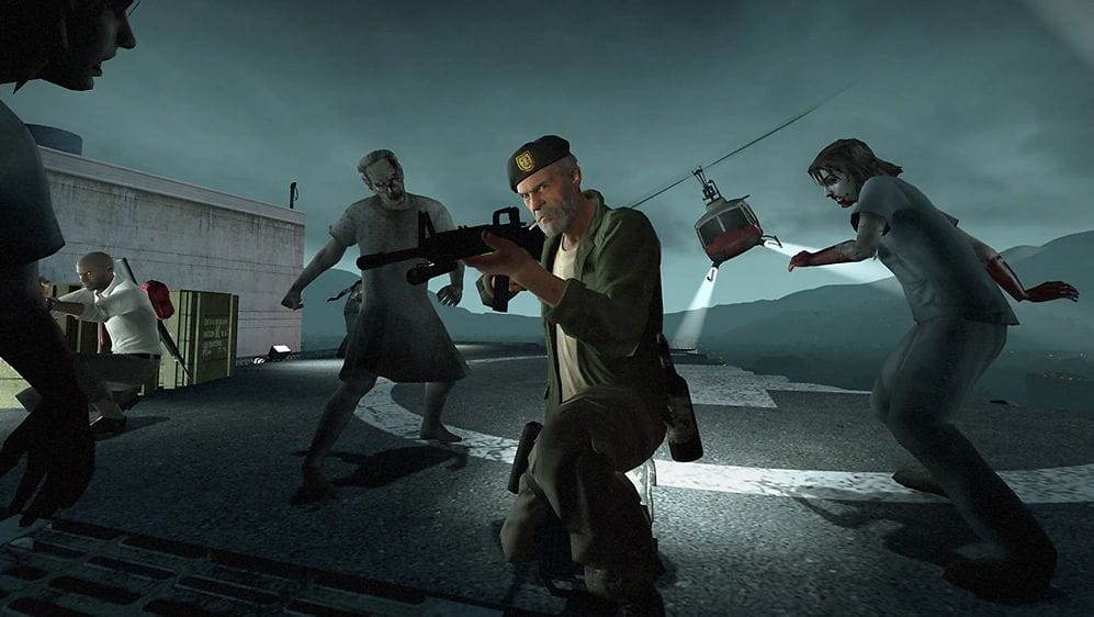 Bill is surrounded by zombies on a helipad as a chopper flies in behind him.