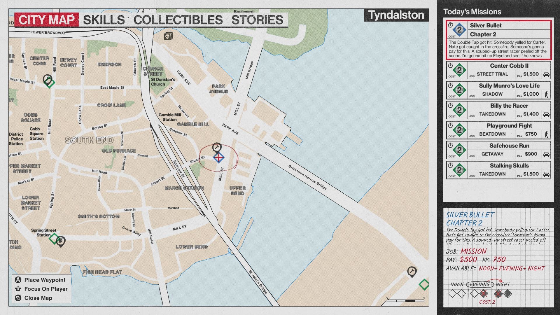 A shot of the map screen with the mission titles listed on one side.