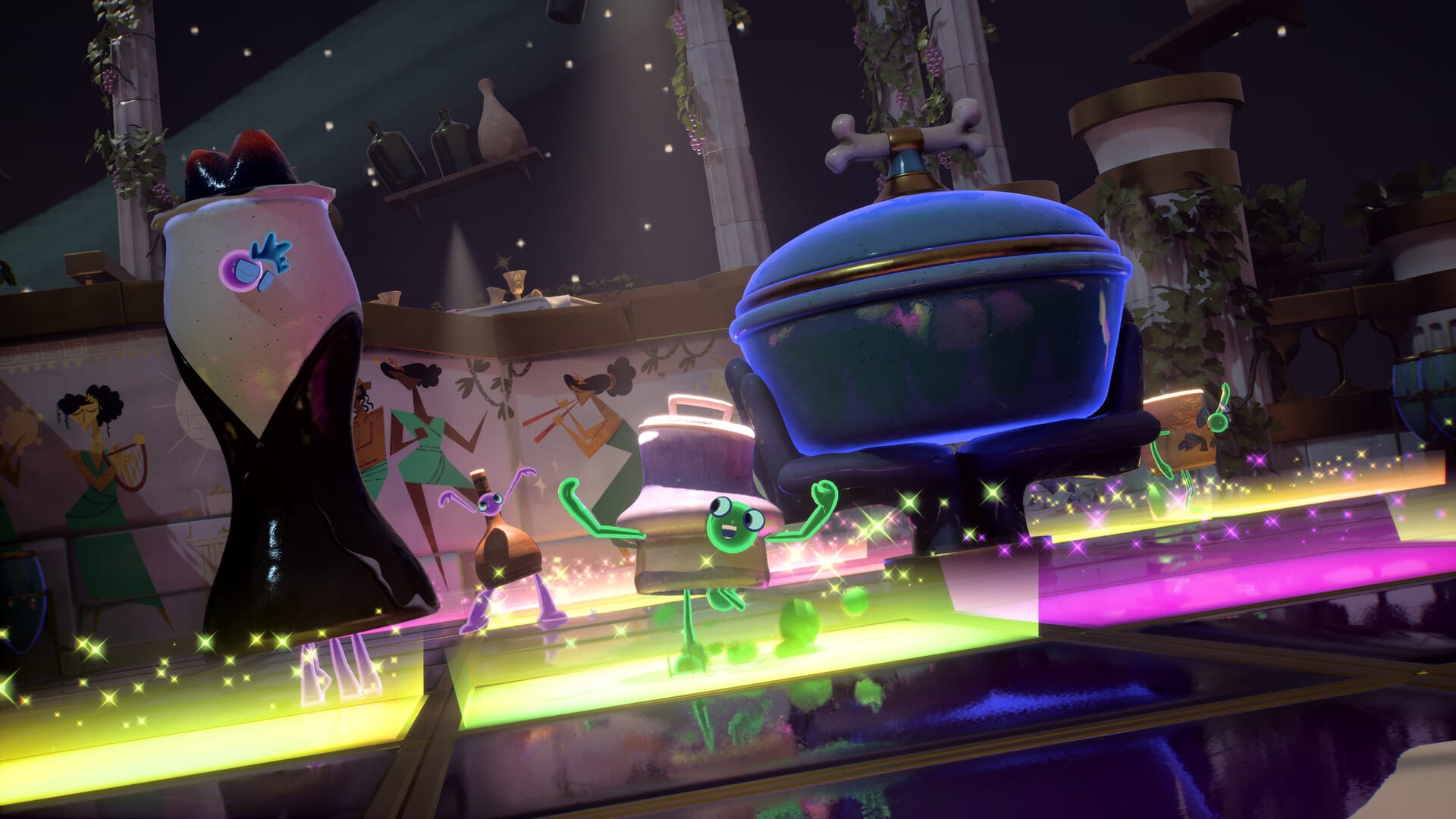 A pot with green arms and legs emotes on a glowing platform.