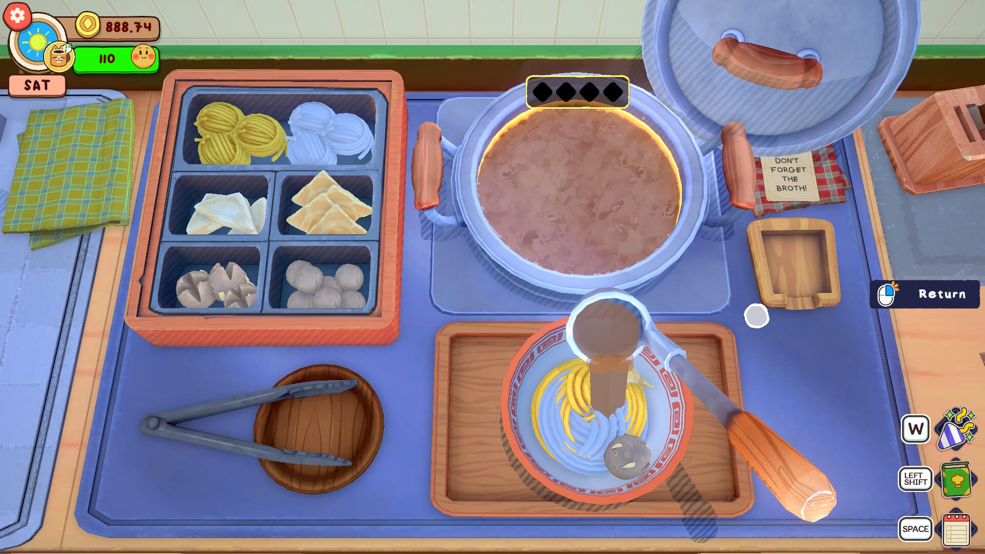 Some ramen soup is ladeled into a bowl of noodles on a food prep surface next to other food items.