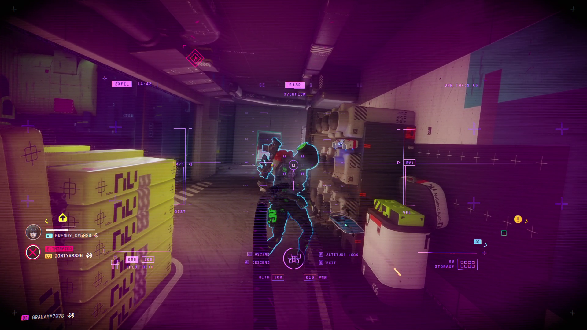 A player with a blue outlined viewed from a drone camera with a purple filter. A tether connects to the player from the drone.