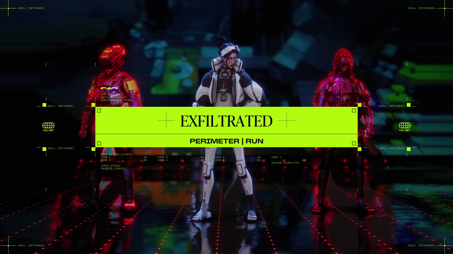"Exfiltrated" is written in the center of the screen. Behind it stands one player and two red holograms of dead players.