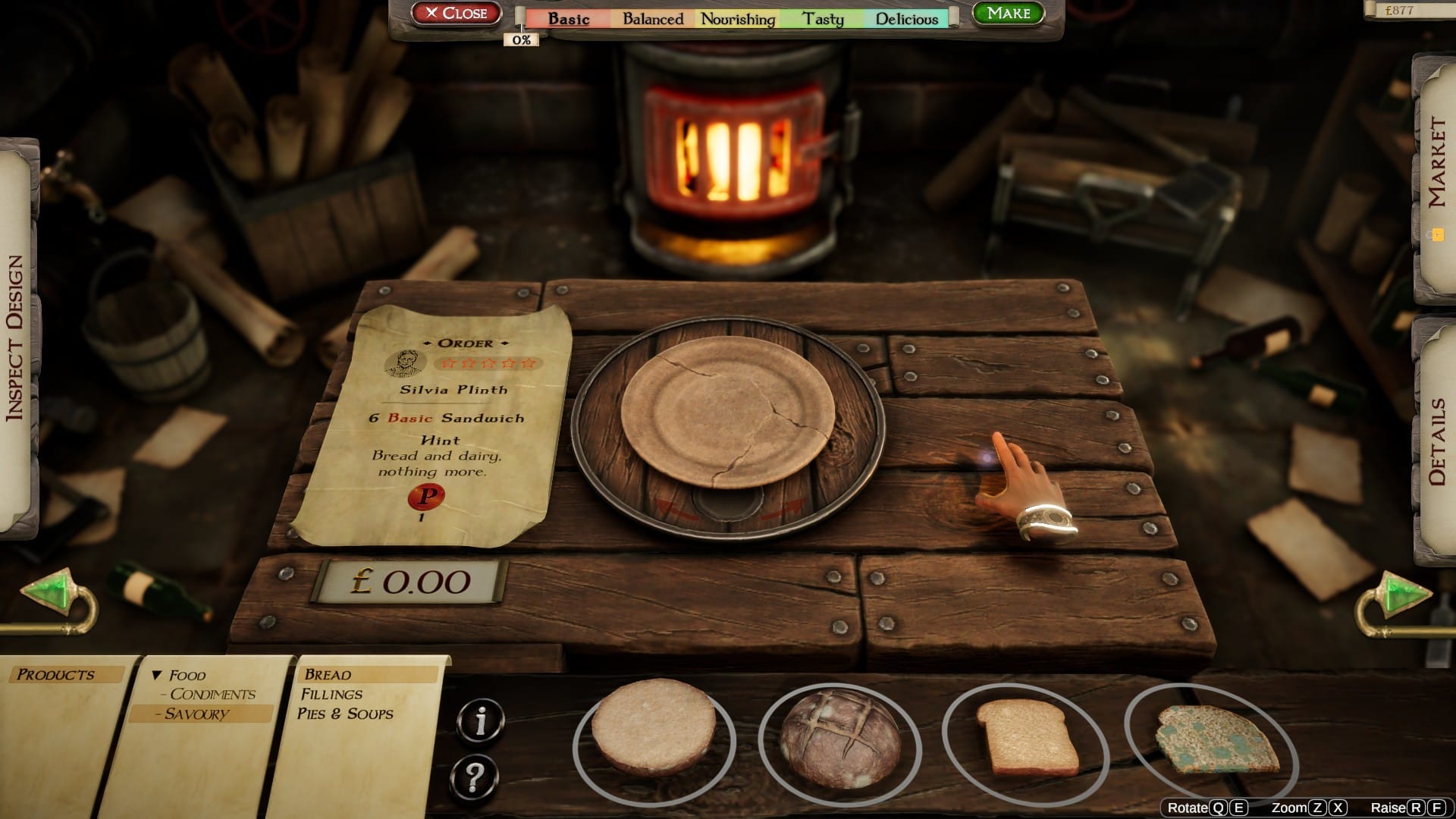A cracked, dirty plate on a wooden table. Different kinds of bread are on a menu along the bottom of the screen.