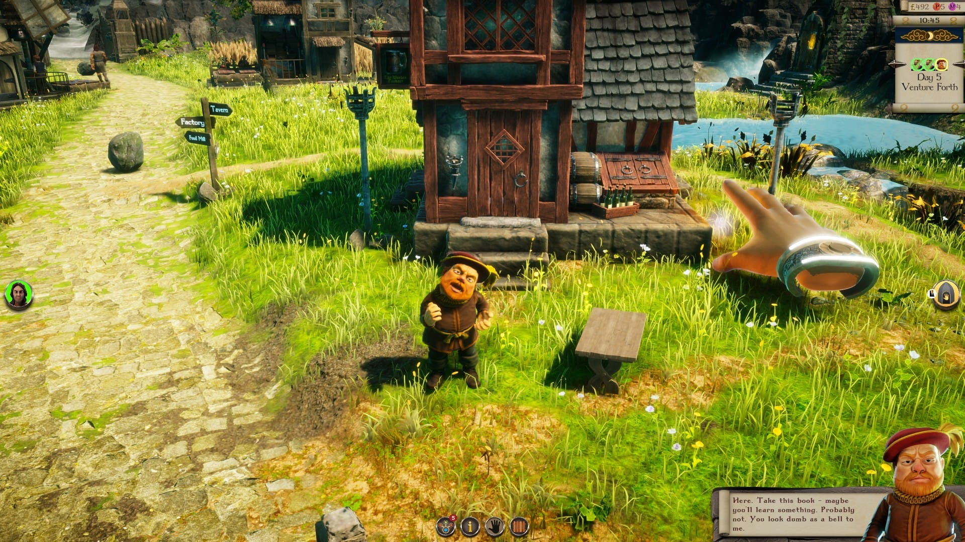 A little guy sneers at the player outside a tavern. "Here. Take this book - maybe you'll learn something. Probably not. You look dumb as hell to me," he says.