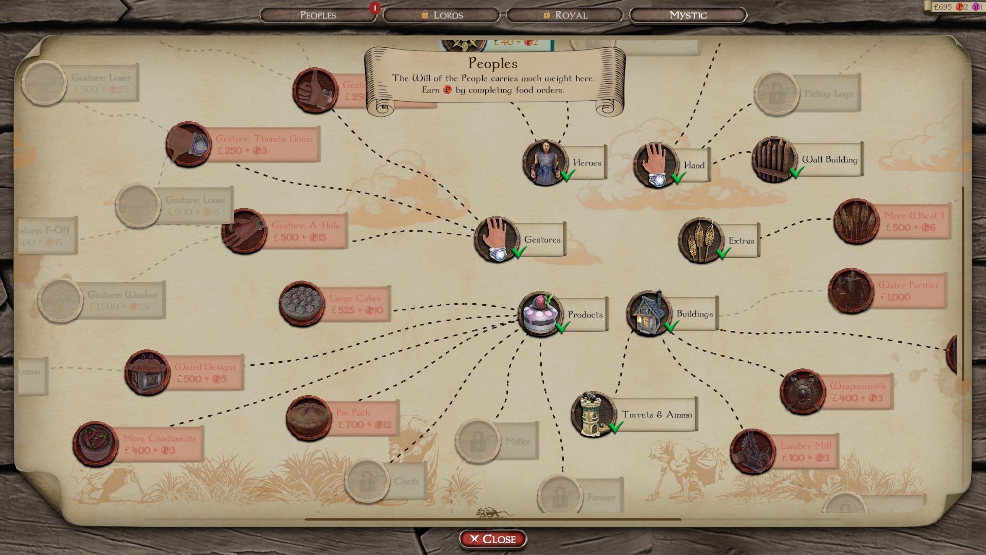 An upgrade unlock menu, showing circular icons, unlock paths, and locked powers such as "Pie Pack" and "Lumber Mill".