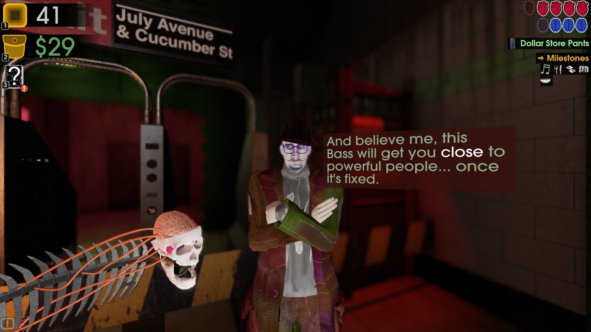 A detective with purple glasses warns the player about getting close to powerful people.