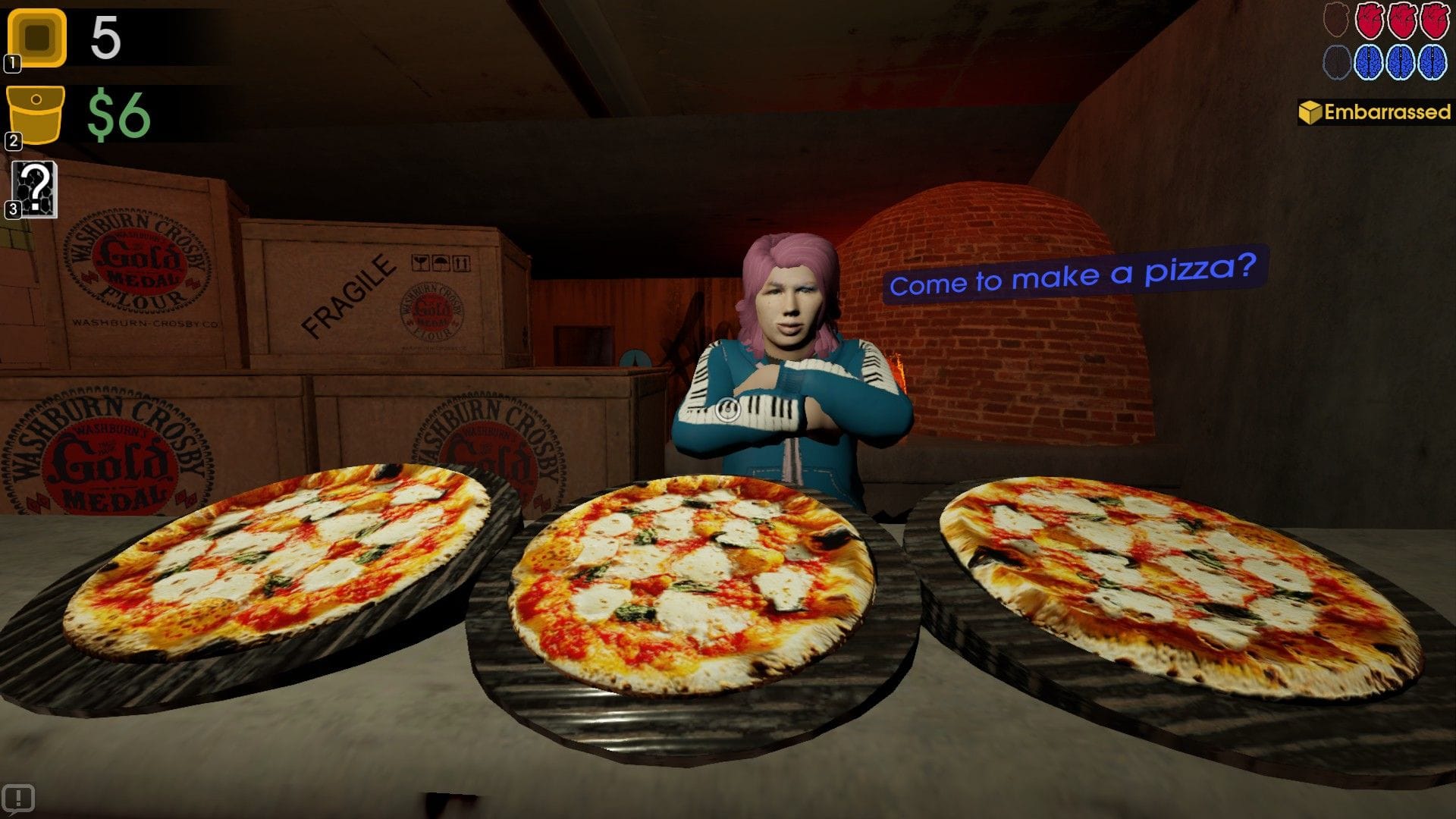 A woman in a tracksuit stands with her arms crossed in front of three fresh pizzas.