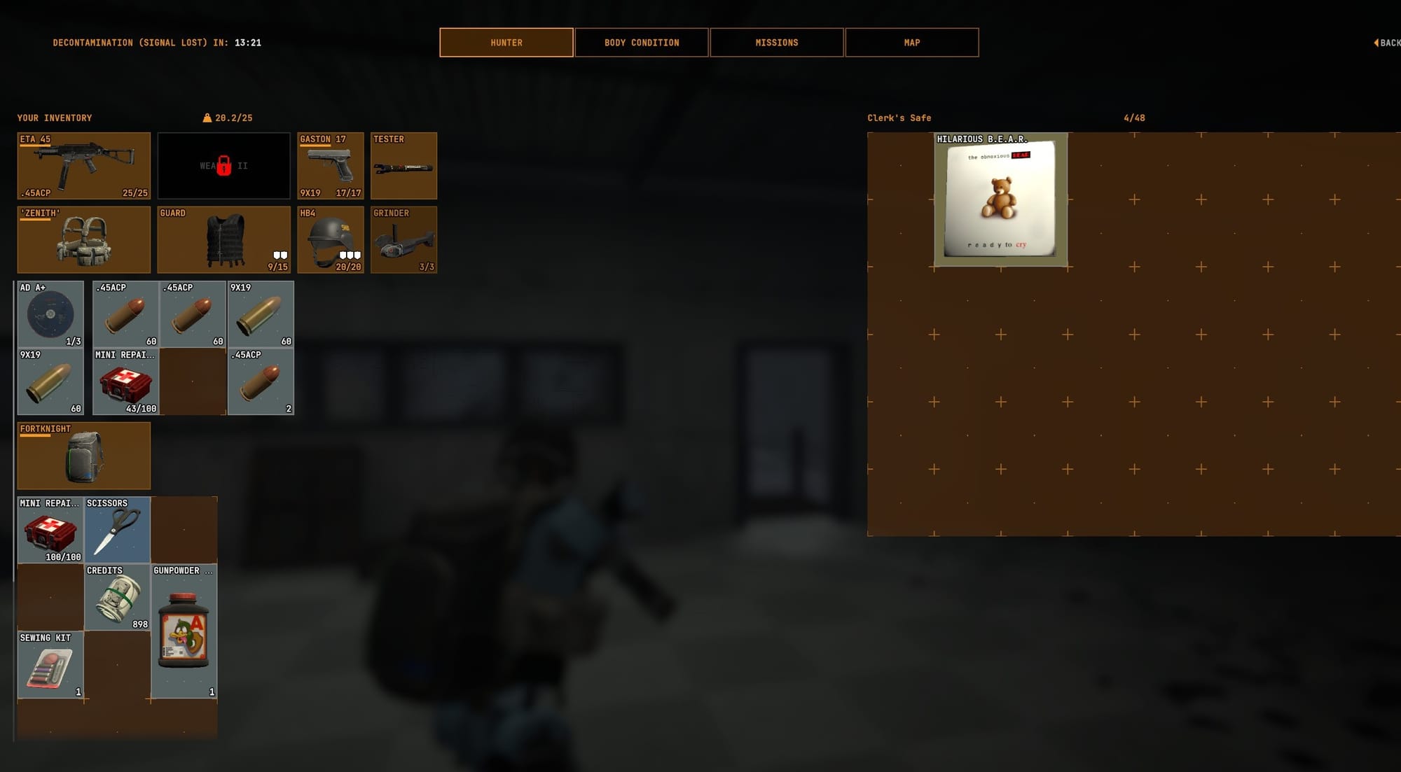 An inventory screen shows bullets, med kits, and scissors, among other goodies.
