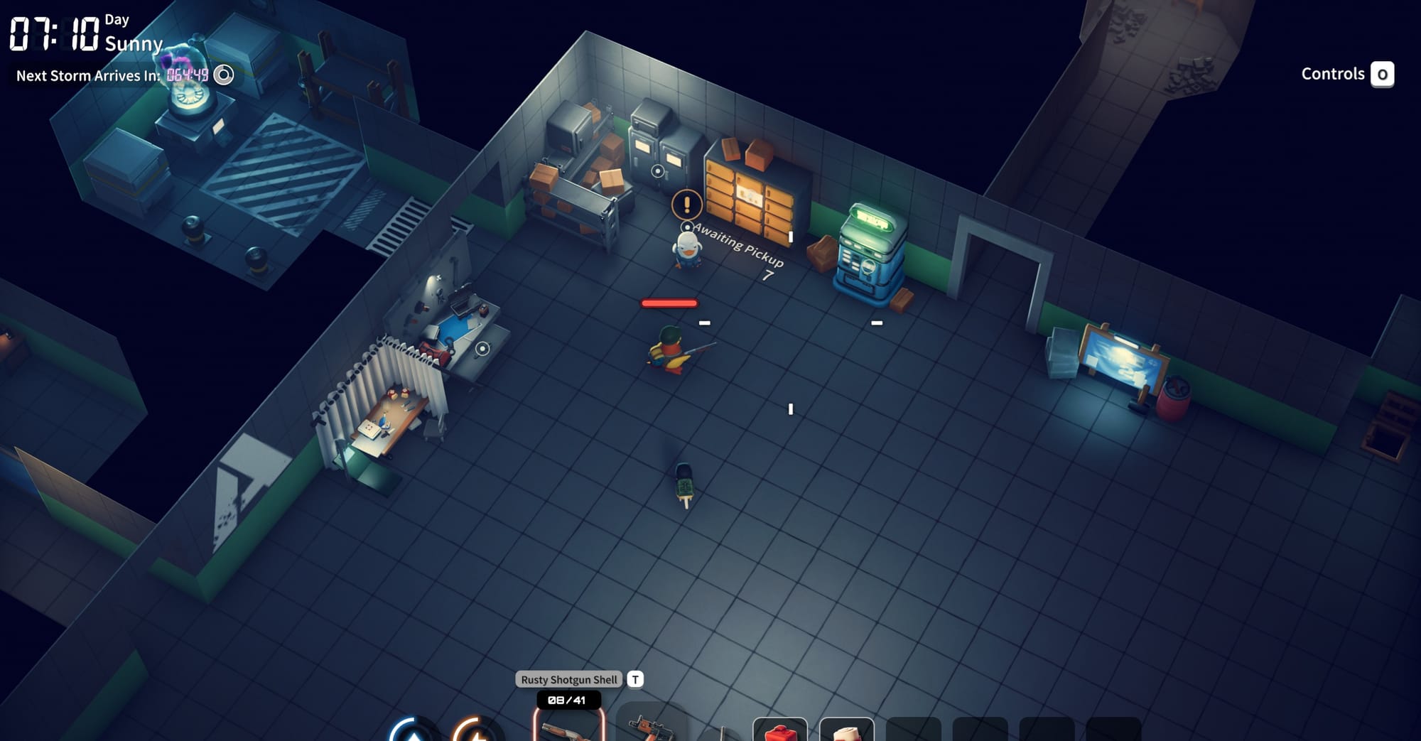 The player is in the interior of a home base, holding a shotgun.