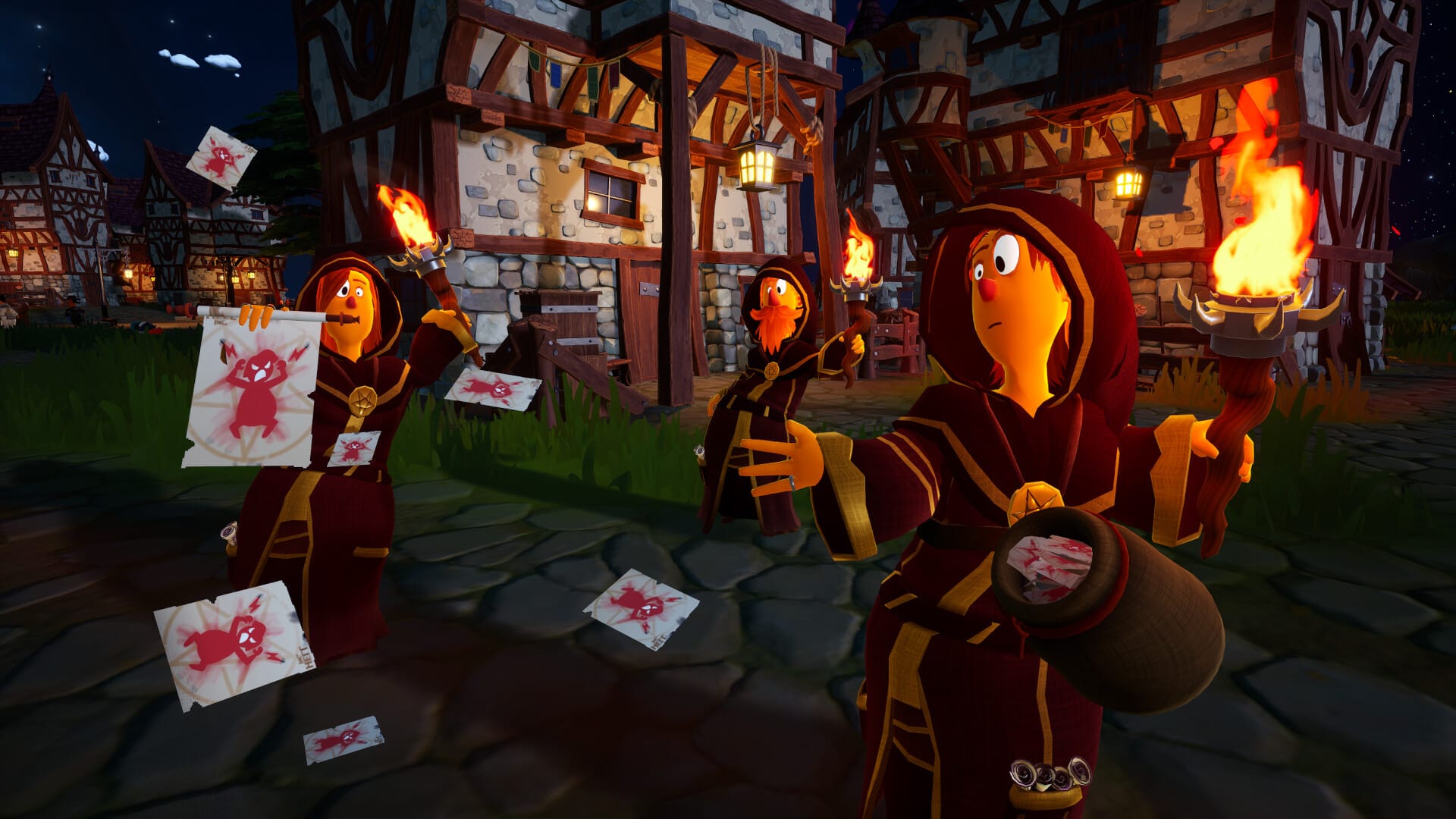 Some folks with torches in a medieval town hold leaflets and look confused.