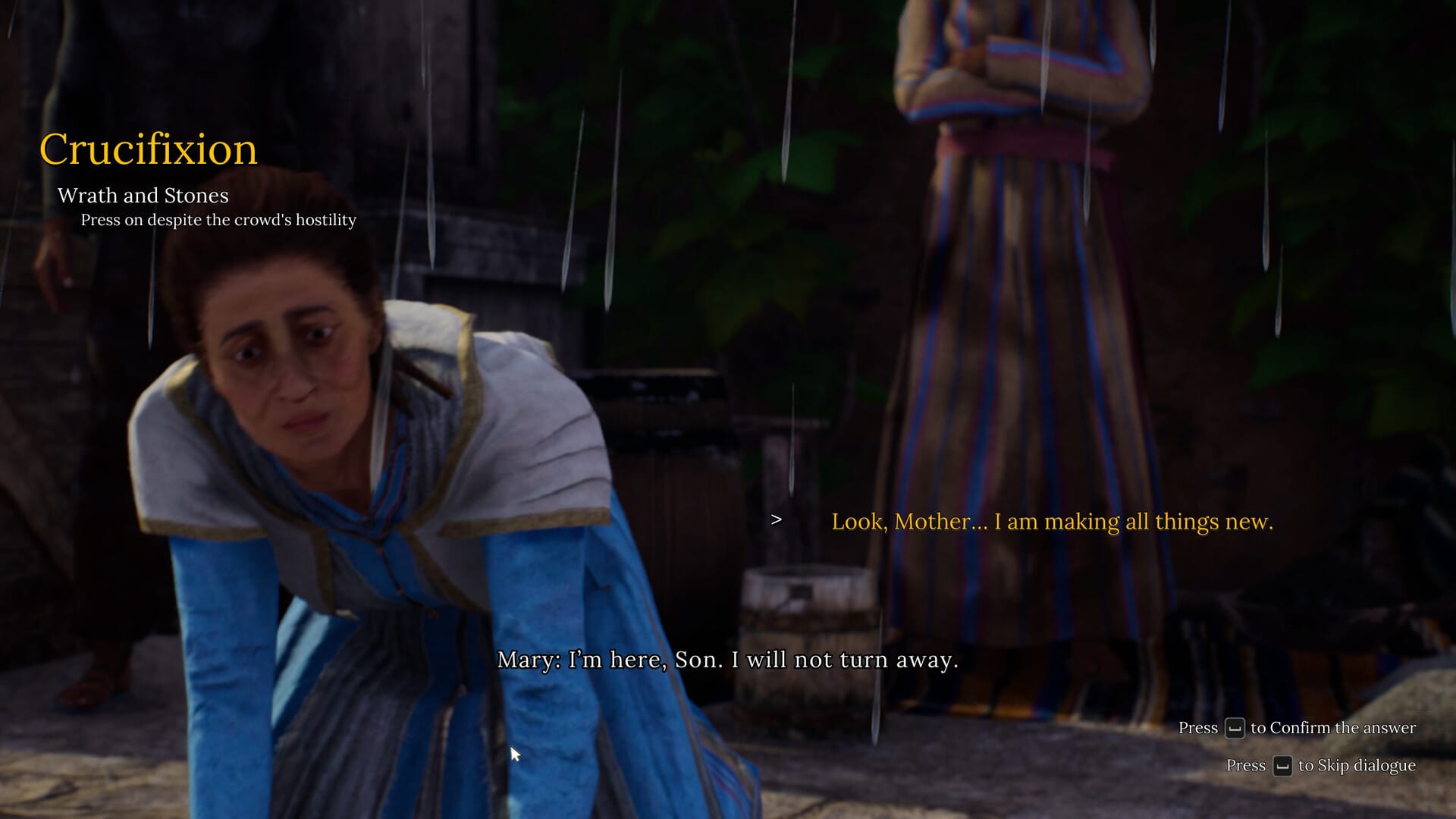 Mary and Jesus kneel on the ground. "Crucifixion" is written in the top left. "I'm here, Son. I will not turn away," says Mary.