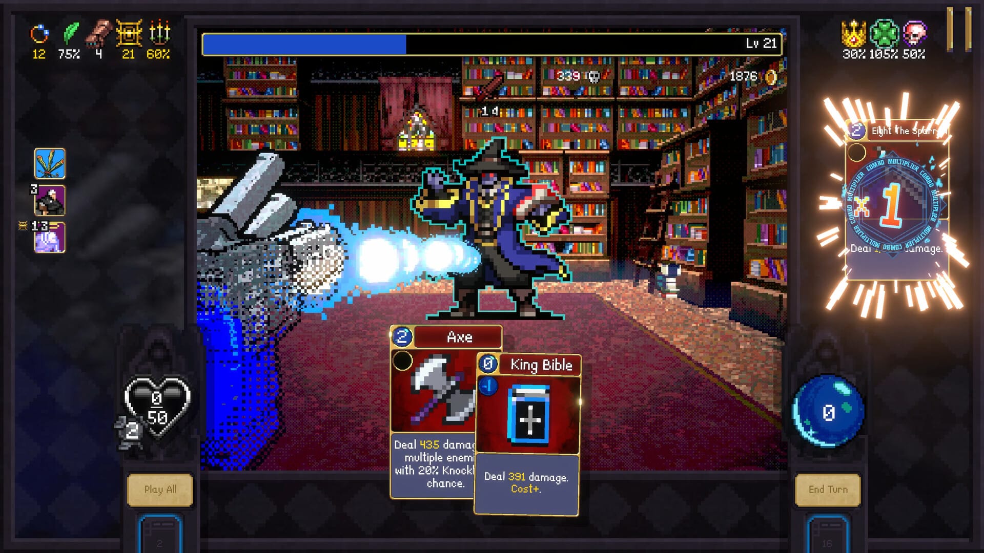 A gun is fired at an enemy in a dungeon crawler that looks like a library and has cards at the bottom of the screen.